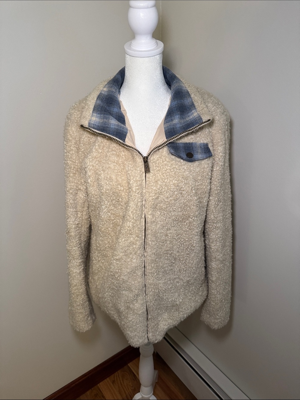 Pendleton Cream Teddy Jacket with Blue Plaid Trim